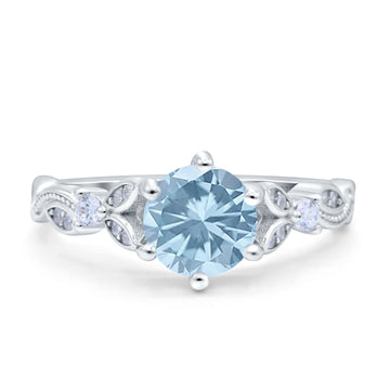 Vintage Style Round Bridal Wedding Engagement Ring Marquise Design Simulated Aquamarine CZ 925 Sterling Silver